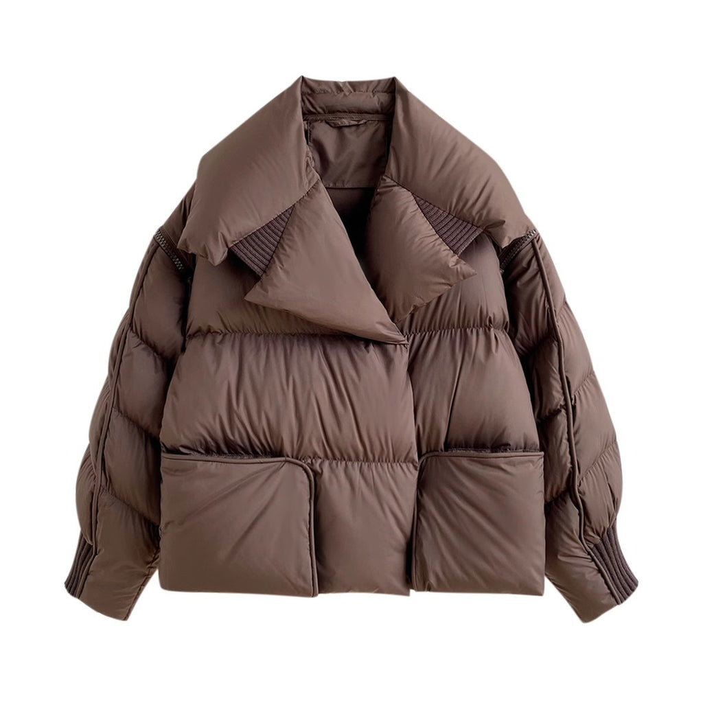 Small niche knitted spliced large lapel down jacket for women magnetic buckle warm jacket