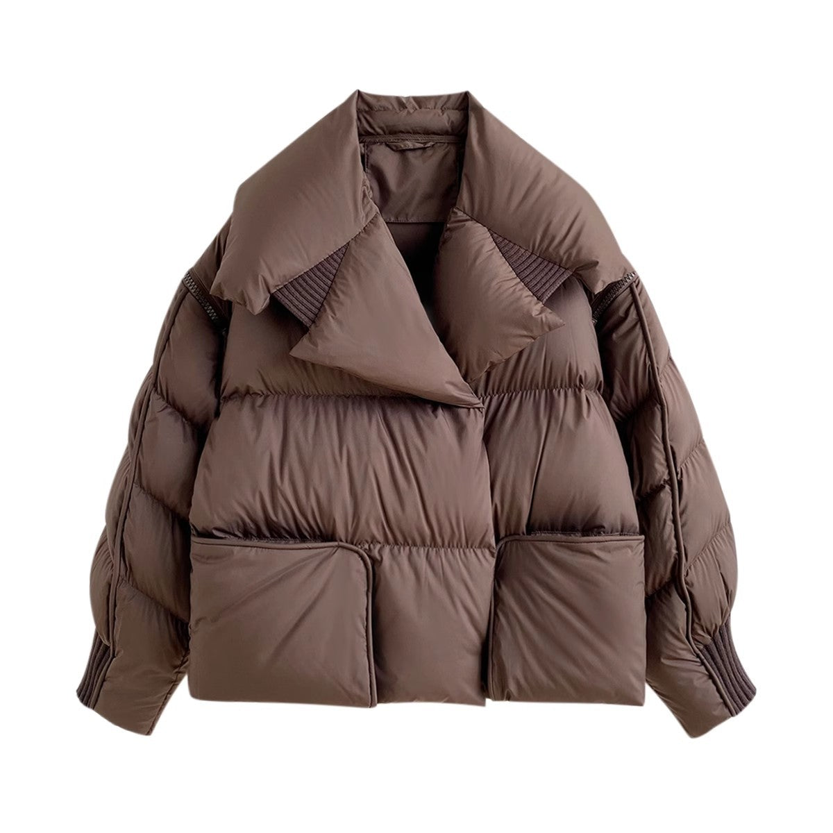 Small niche knitted spliced large lapel down jacket for women magnetic buckle warm jacket