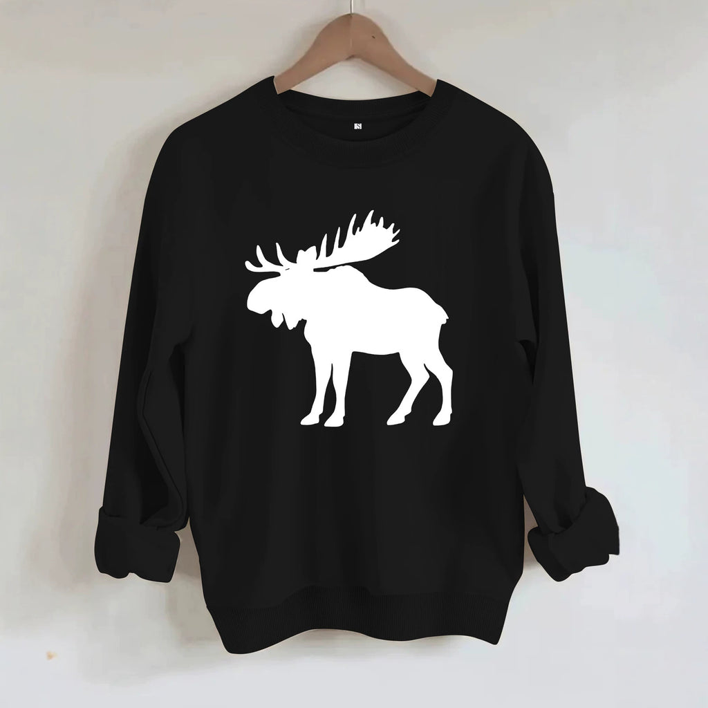 Deer head print round neck fleece hoodie