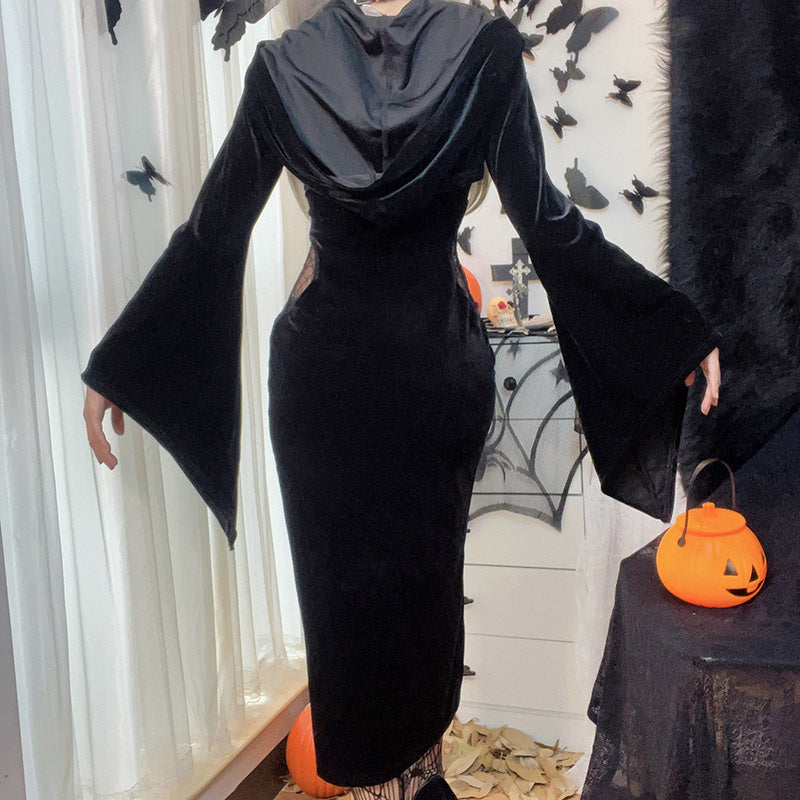 Halloween  Women's Dress with Hooded Bell Sleeves and Spiderweb Pattern, Dark Chic Style