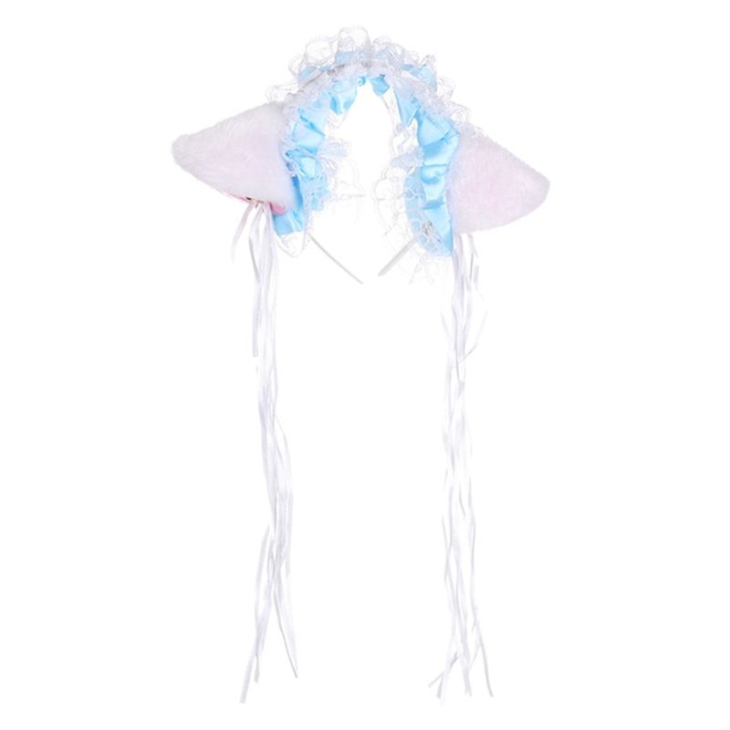 Women Ruffles Lace Headband Plush Cat Ears Ribbon Bell Lolita Cosplay Hair Hoop
