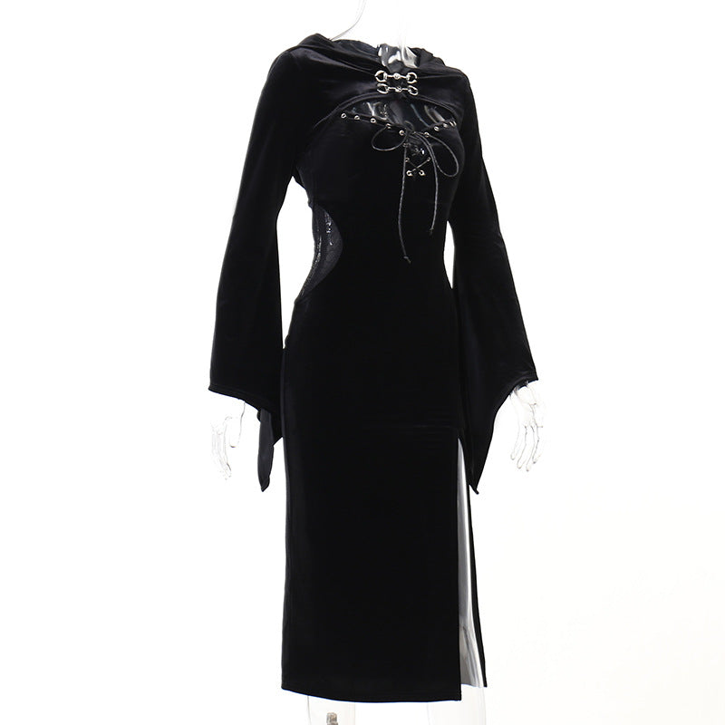 Halloween  Women's Dress with Hooded Bell Sleeves and Spiderweb Pattern, Dark Chic Style