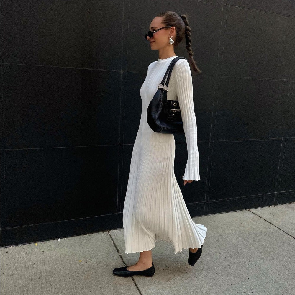 Women's Knitted Round Neck Ribbed Shrinkage Bell Sleeve Belted Solid Color Casual Long Dress