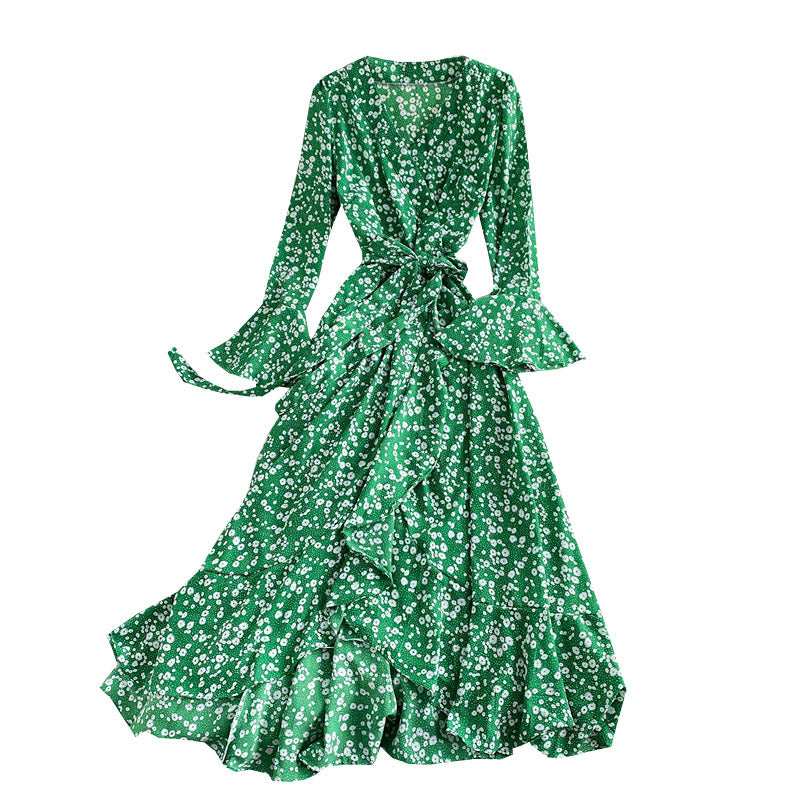 Spring New V-Neck Floral Chiffon Dress Bell Sleeved Fashion Ruffled Self Cultivation Temperament Over The Knee Long Skirt