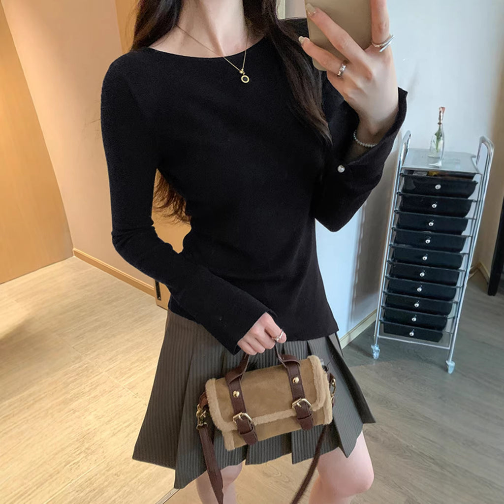Chic Round Neck Bell Sleeve Knit Top for Women