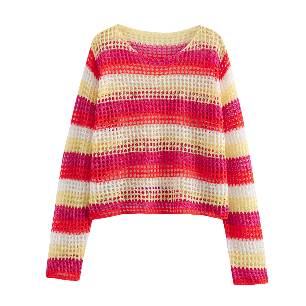 European and American autumn comfortable casual round neck hollowed out striped loose knit sweater