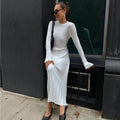 Women's Knitted Round Neck Ribbed Shrinkage Bell Sleeve Belted Solid Color Casual Long Dress