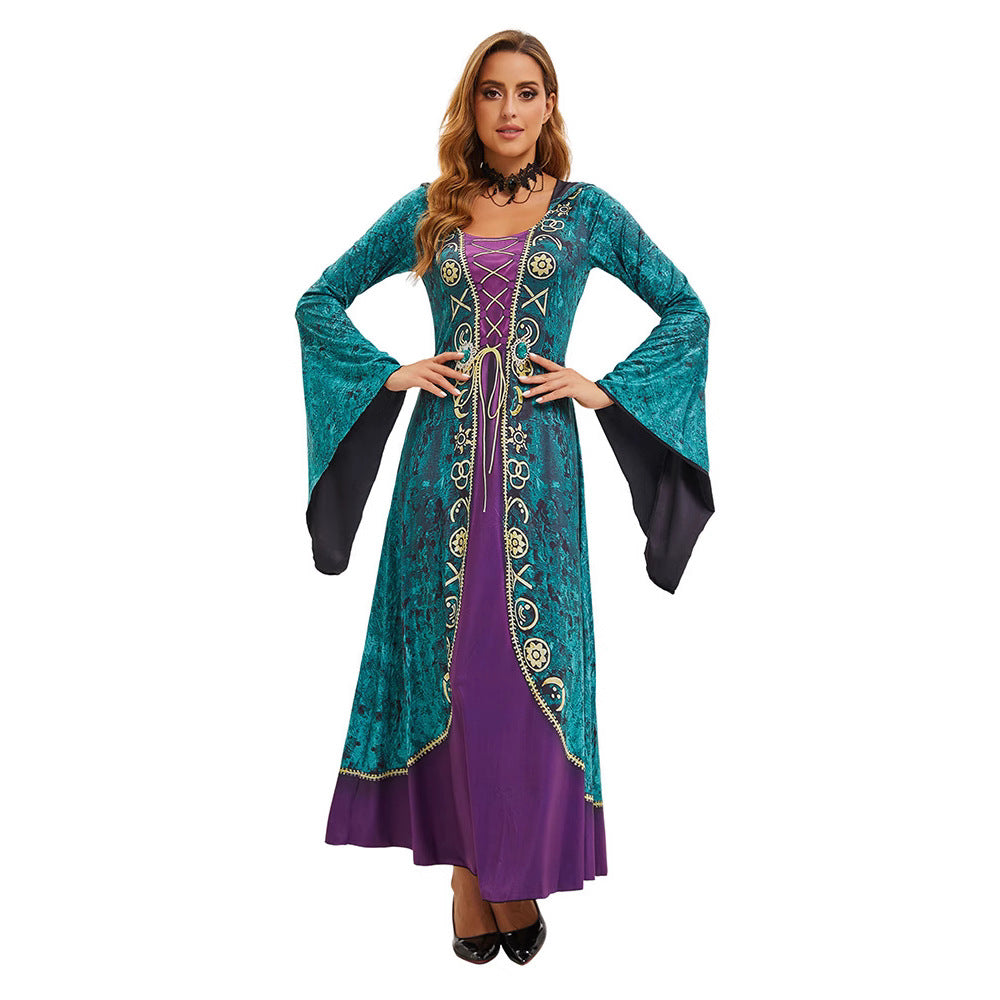 Halloween Witch Queen Medieval Court Hooded Dress with Bell Sleeves Dark Gothic Style Dress