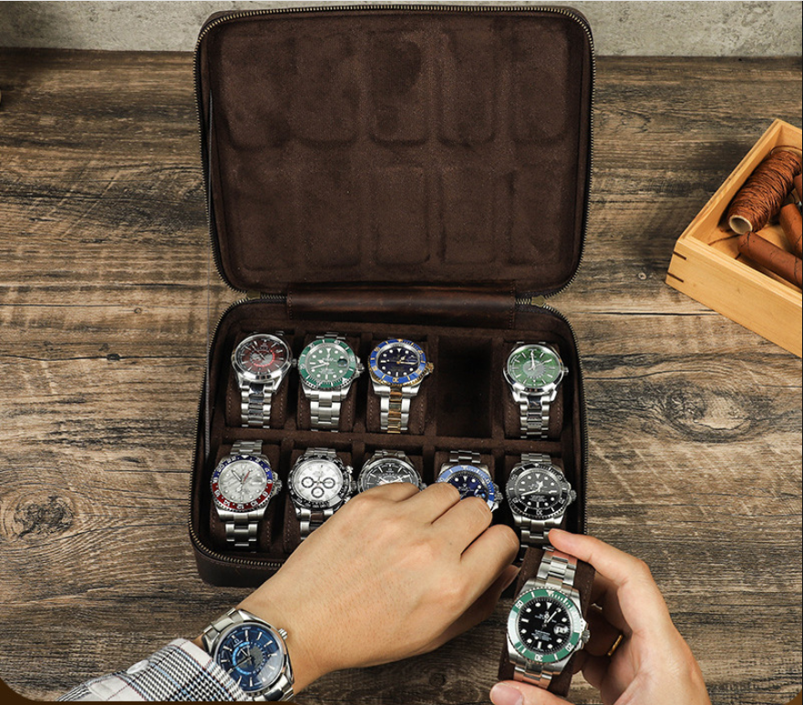 Rectangular Handmade Crazy Horse Leather Watch Box, 10-Slot Watch Display Organizer Travel Storage Case