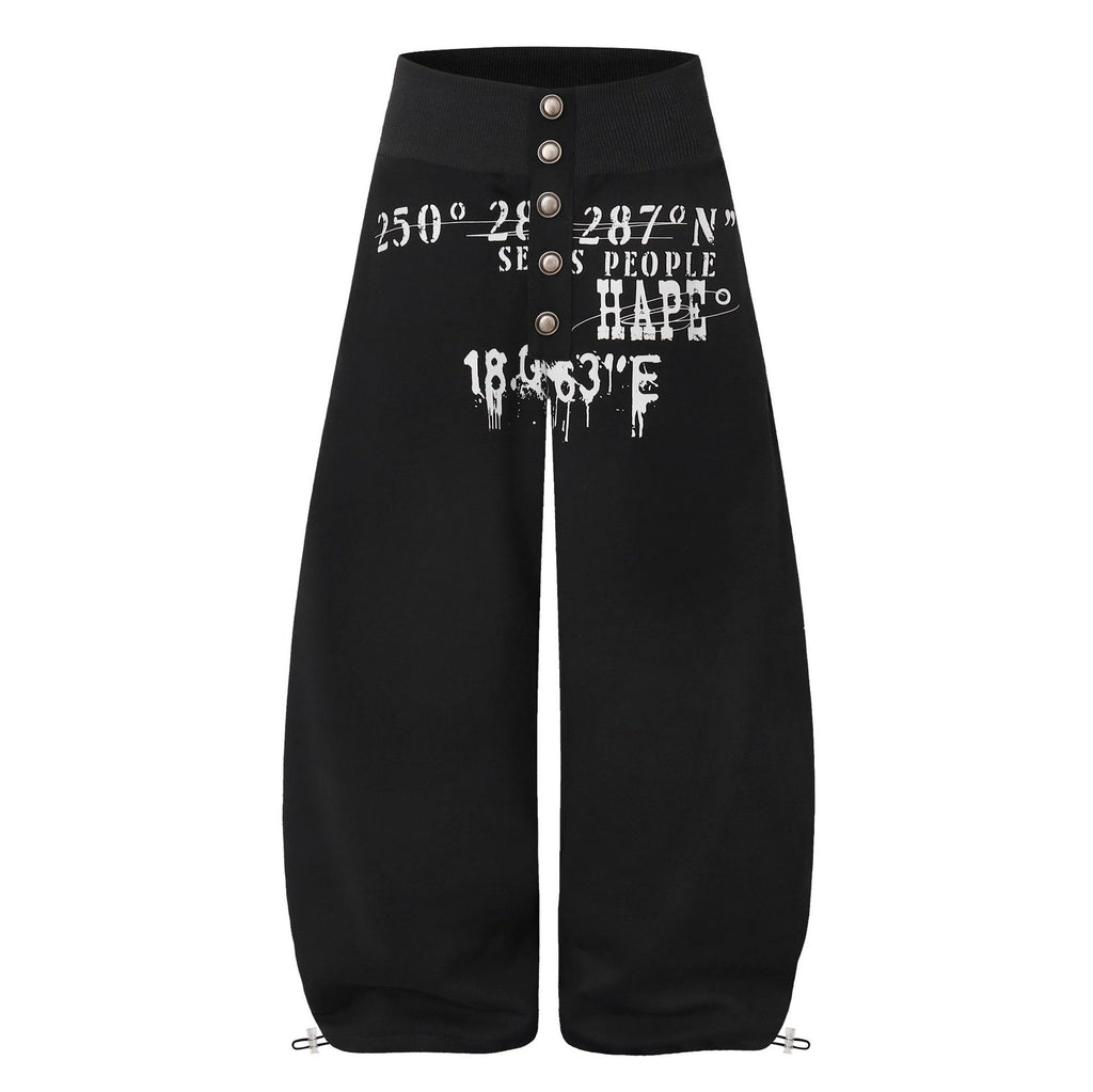 Curved Leg Wide Leg Sweatpants with Distressed Coordinate Print Drawstring