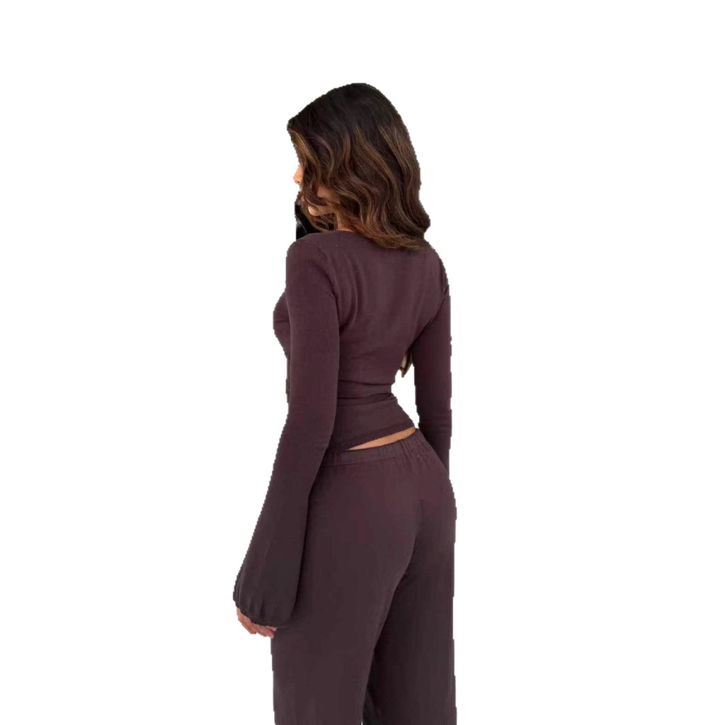 Style Solid Color Bell Sleeve Round Neck Casual Set
