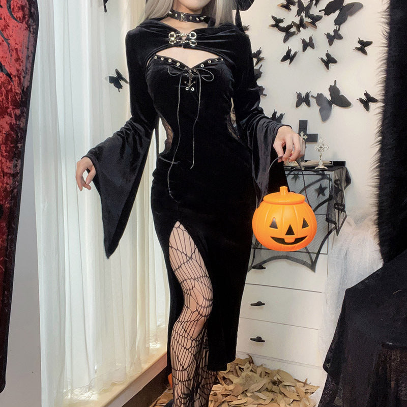 Halloween  Women's Dress with Hooded Bell Sleeves and Spiderweb Pattern, Dark Chic Style