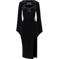 Halloween  Women's Dress with Hooded Bell Sleeves and Spiderweb Pattern, Dark Chic Style