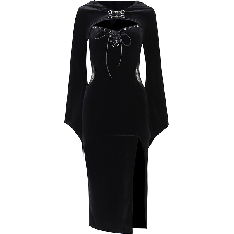 Halloween  Women's Dress with Hooded Bell Sleeves and Spiderweb Pattern, Dark Chic Style