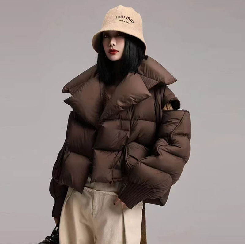 Small niche knitted spliced large lapel down jacket for women magnetic buckle warm jacket