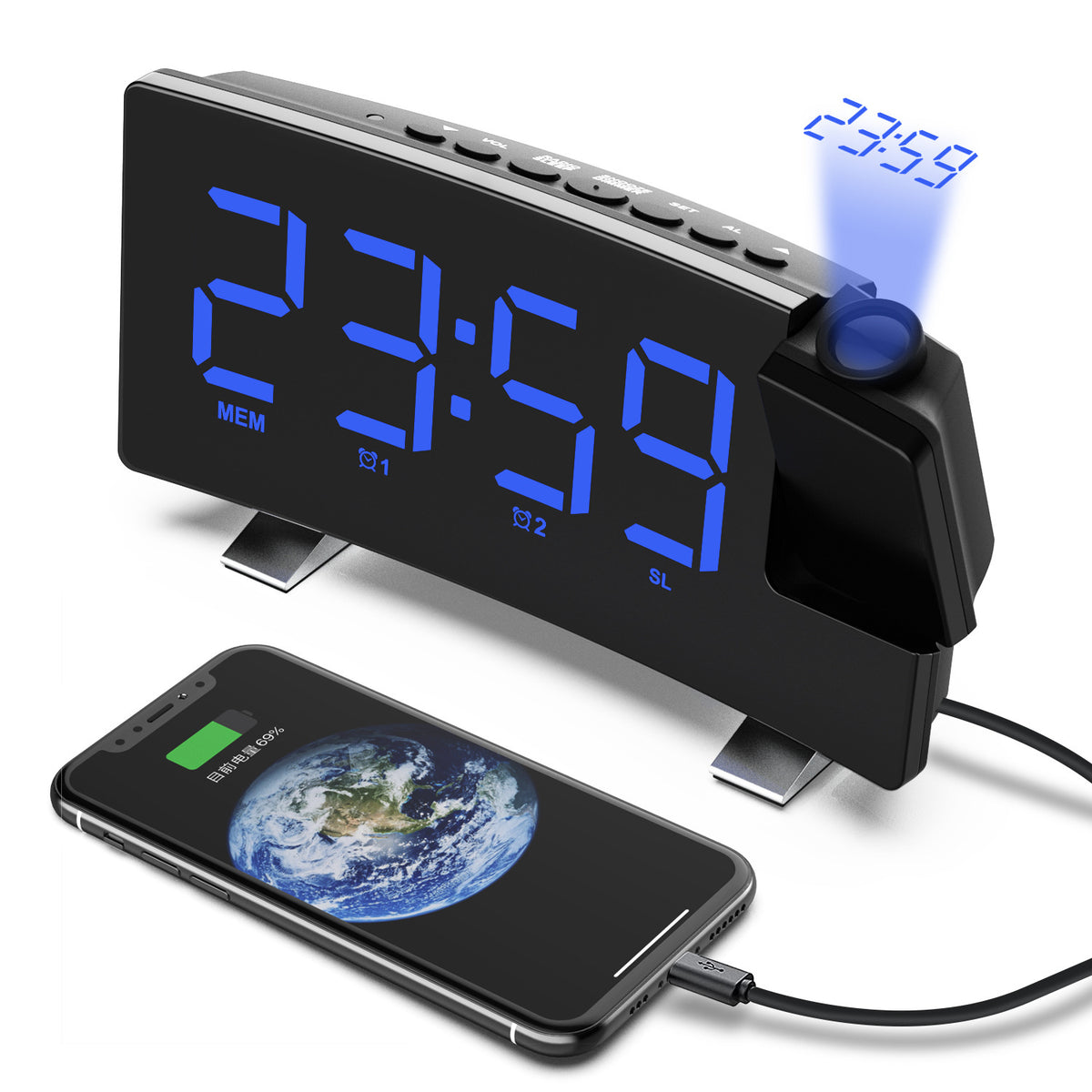 New Radio Alarm Clock USB Charging Constant Bright Projection Clock Curved Surface Large Screen Clock