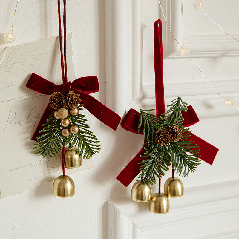 Christmas Pendant Small Bell Velvet Bow Christmas Tree Pinecone Scene Decoration Supplies Decorative Small Pendant