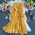 Spring New V-Neck Floral Chiffon Dress Bell Sleeved Fashion Ruffled Self Cultivation Temperament Over The Knee Long Skirt