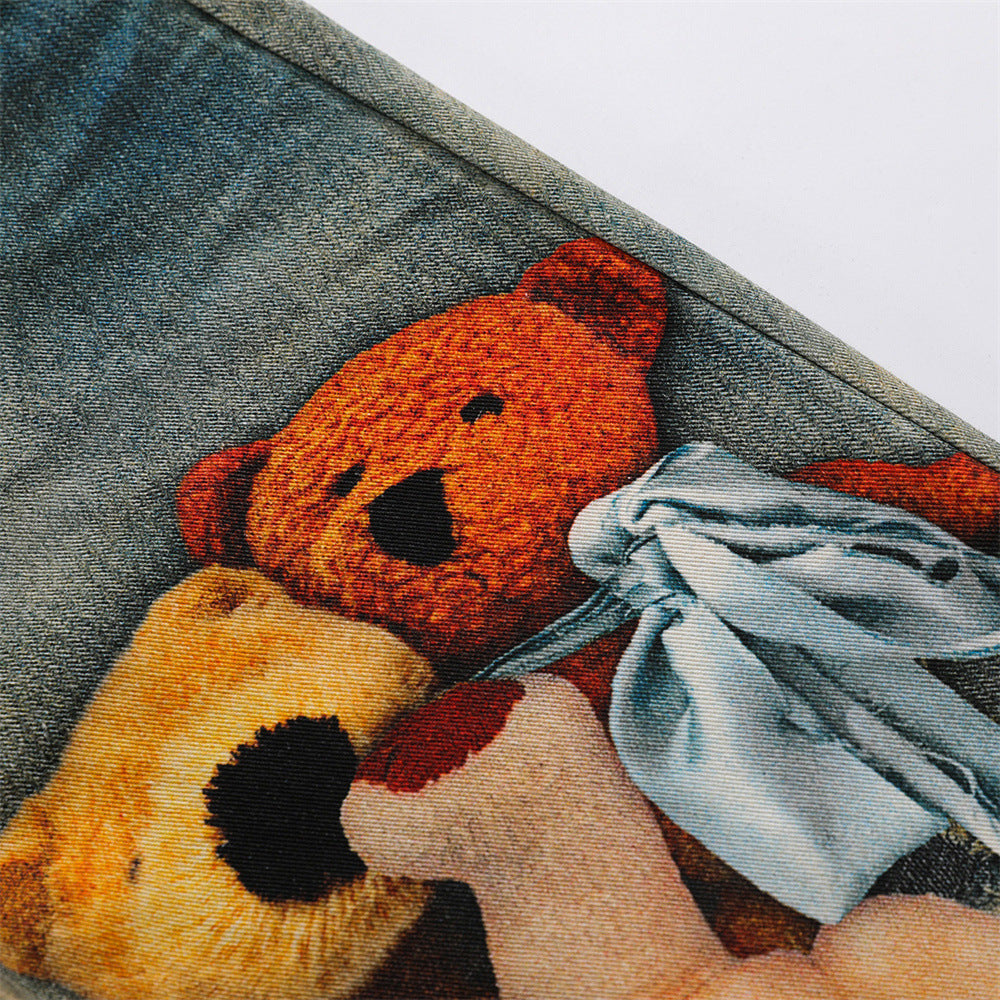 Cartoon teddy bear 3D digital printed wide leg denim bell bottom pants