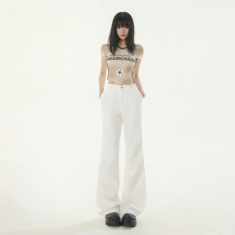 Women's Pants Flared Casual Trousers Pure Color Slim Retro Elastic Low Waist Bell-bottoms