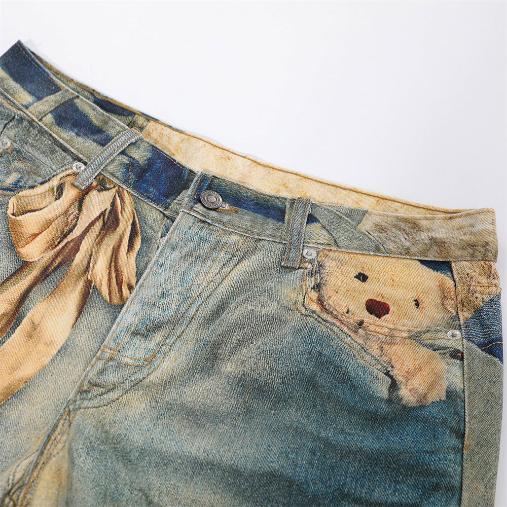 Cartoon teddy bear 3D digital printed wide leg denim bell bottom pants