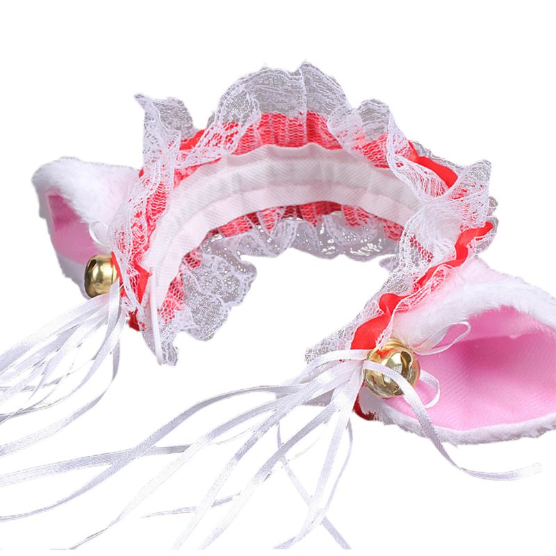 Women Ruffles Lace Headband Plush Cat Ears Ribbon Bell Lolita Cosplay Hair Hoop