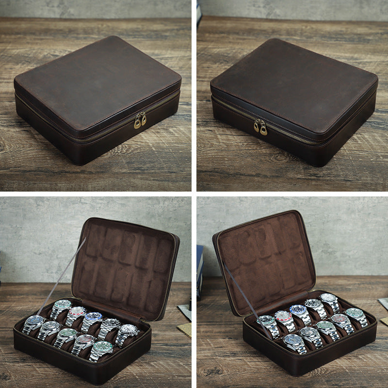 Rectangular Handmade Crazy Horse Leather Watch Box, 10-Slot Watch Display Organizer Travel Storage Case