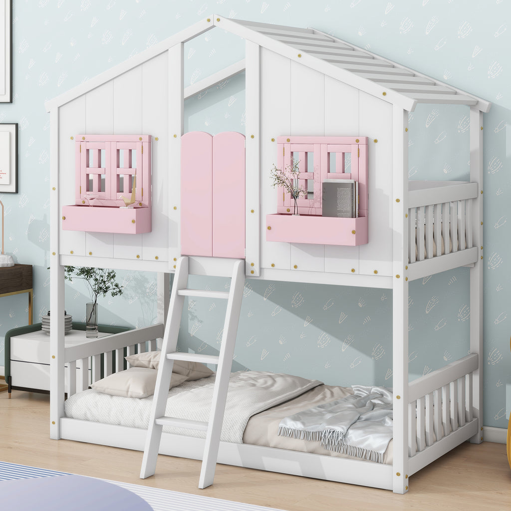 Twin over Twin House Bunk Bed with Roof , Window, Window Box, Door , with Safety Guardrails and Ladder, Pink/White