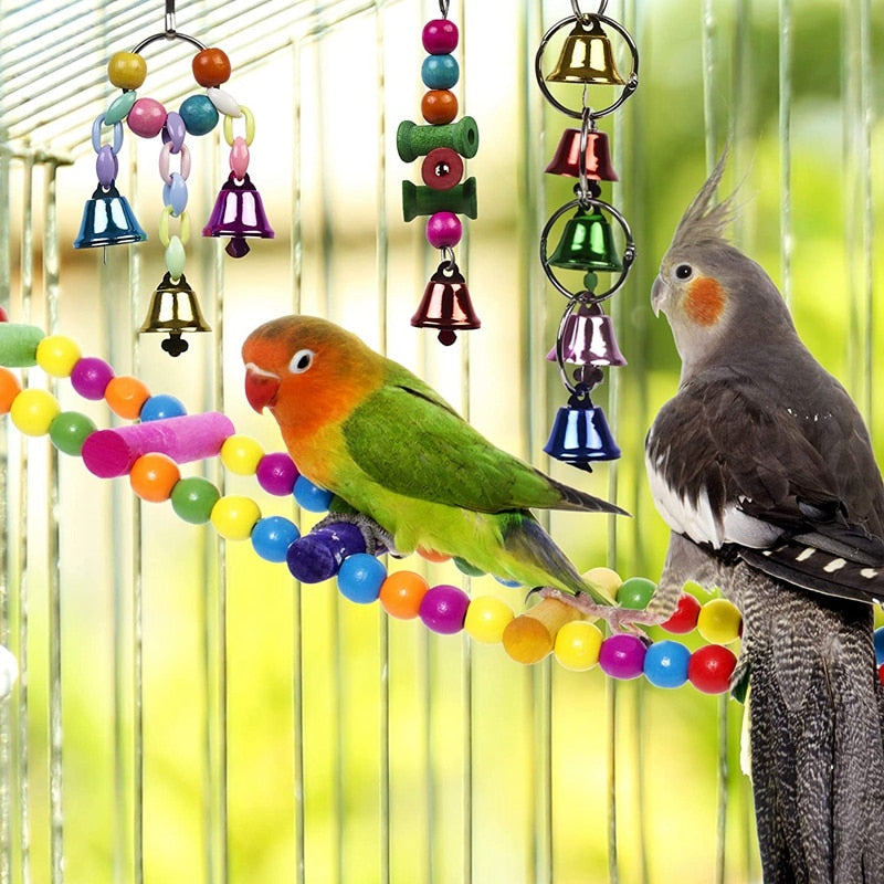 10 Pack Bird Cage Toys for Parrots Reliable & Chewable - Swing Hanging Chewing Bite Bridge Wooden Beads Ball Bell Toys (in stock