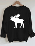 Deer head print round neck fleece hoodie