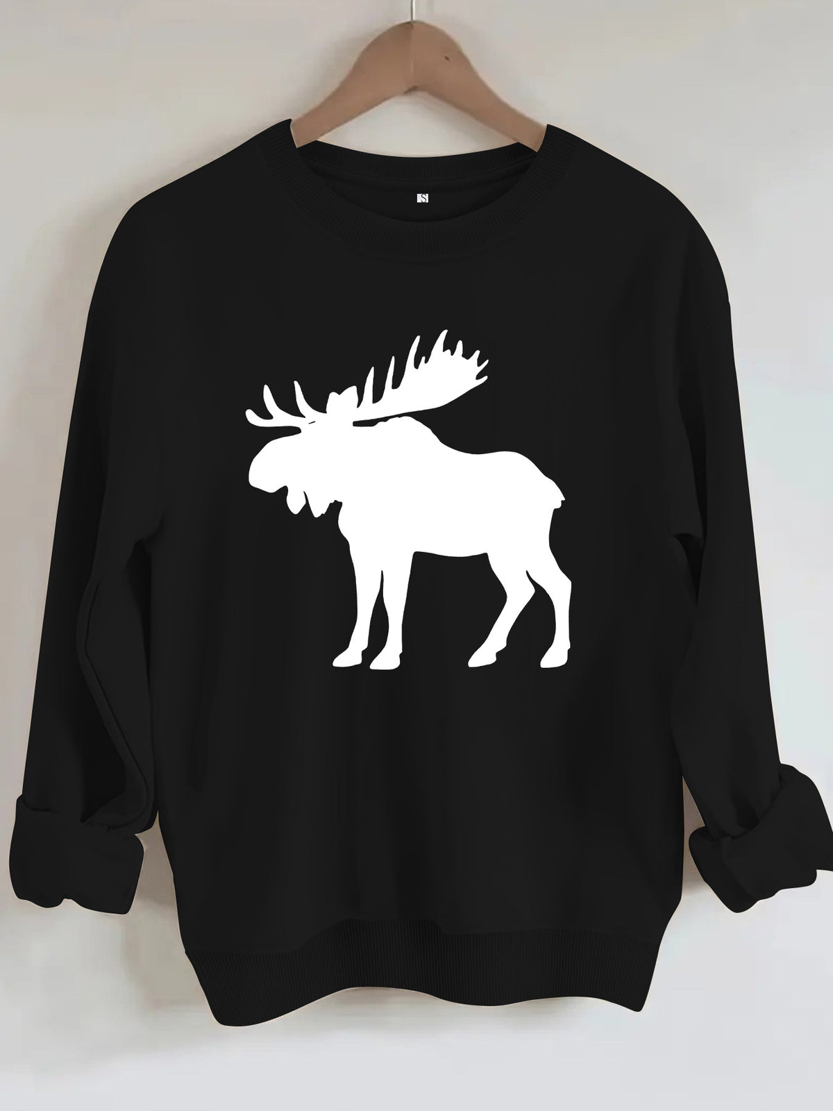 Deer head print round neck fleece hoodie