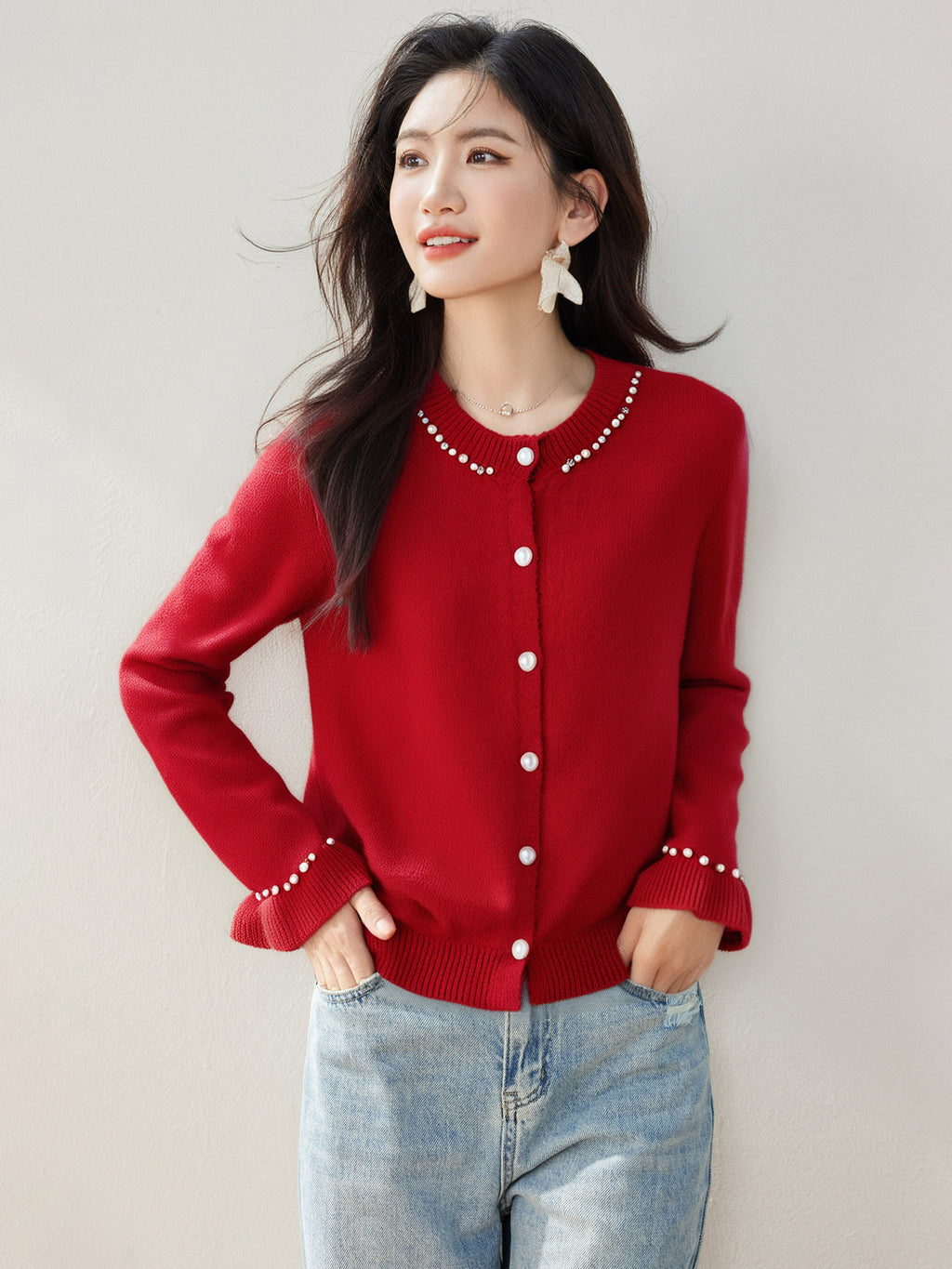 French Style Chic Knit Cardigan for Women with Beaded Bell Sleeves, Elegant Water Fur Texture Sweater