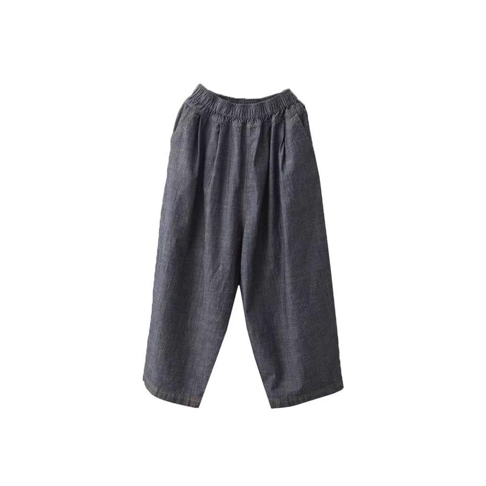 Spring New Color Woven Linen Denim Pants with Inner Hem Elastic Waist Slimming Loose Bell-bottom Casual Trousers