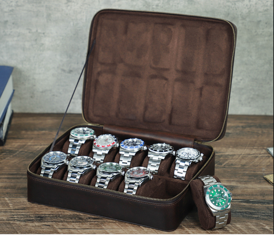 Rectangular Handmade Crazy Horse Leather Watch Box, 10-Slot Watch Display Organizer Travel Storage Case
