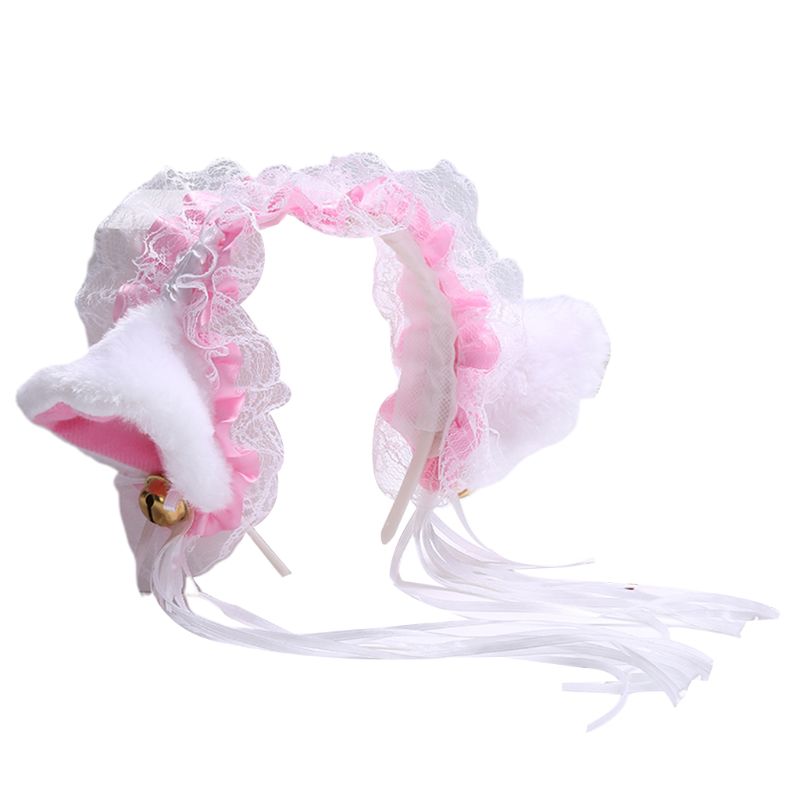 Women Ruffles Lace Headband Plush Cat Ears Ribbon Bell Lolita Cosplay Hair Hoop