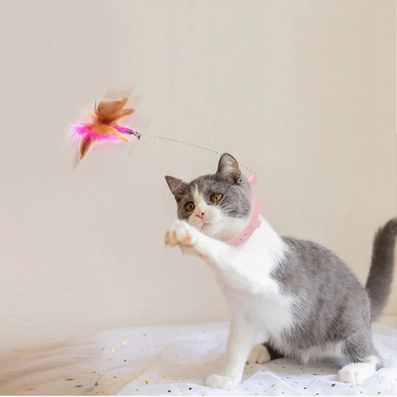 Interactive Cat Toy Self-hi Game for Cats Feather Teaser Stick with Bell Cat Teaser Stick Collar Kitten Playing Pet Accessories