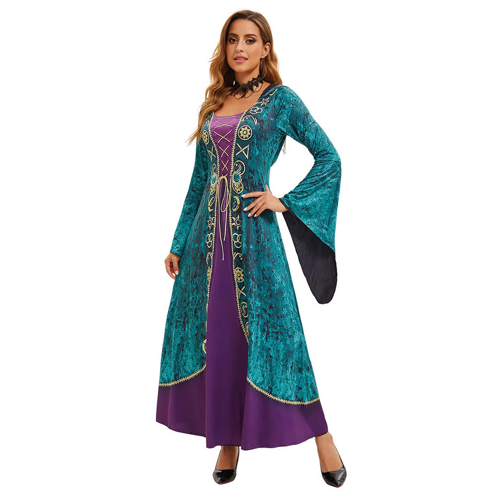 Halloween Witch Queen Medieval Court Hooded Dress with Bell Sleeves Dark Gothic Style Dress