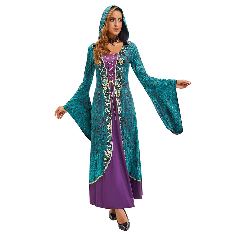 Halloween Witch Queen Medieval Court Hooded Dress with Bell Sleeves Dark Gothic Style Dress