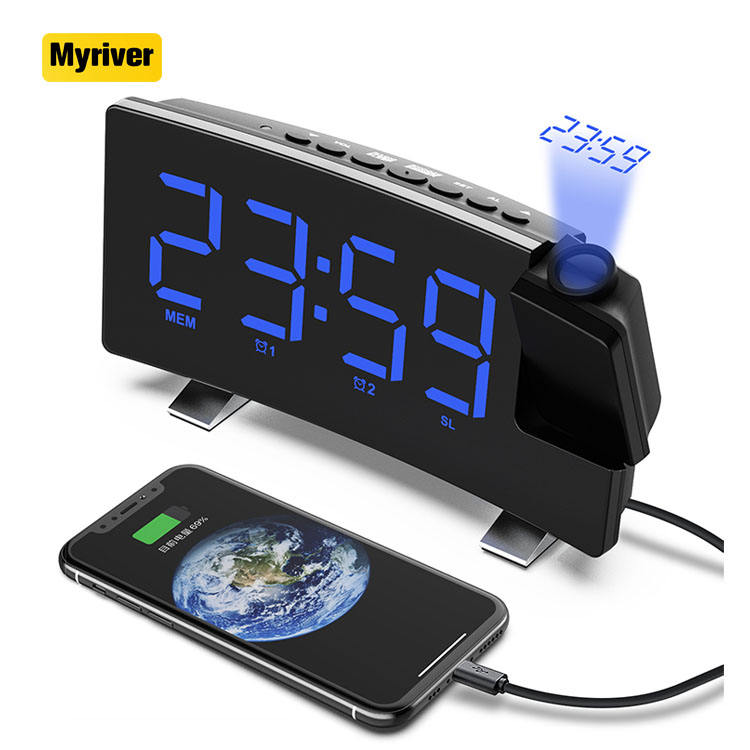New Radio Alarm Clock USB Charging Constant Bright Projection Clock Curved Surface Large Screen Clock