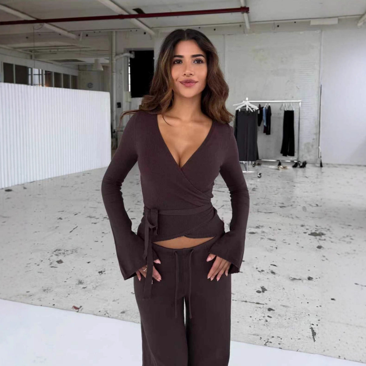 Style Solid Color Bell Sleeve Round Neck Casual Set