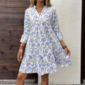 Elegant Casual Floral Print V-Neck Three-Quarter Bell Sleeve Loose Dress for Women