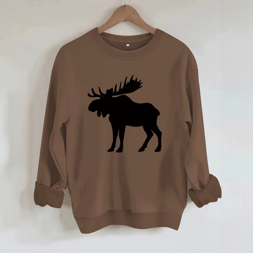 Deer head print round neck fleece hoodie