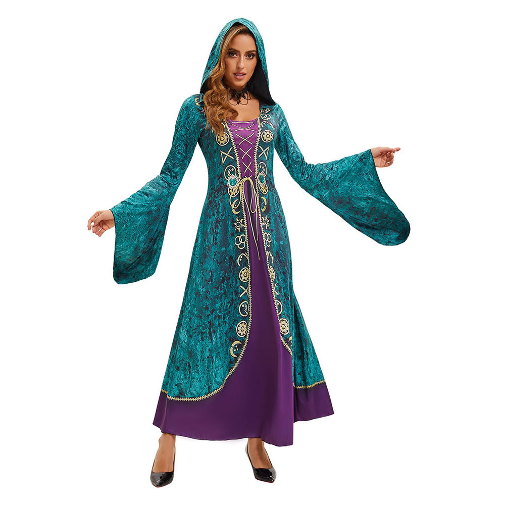 Halloween Witch Queen Medieval Court Hooded Dress with Bell Sleeves Dark Gothic Style Dress