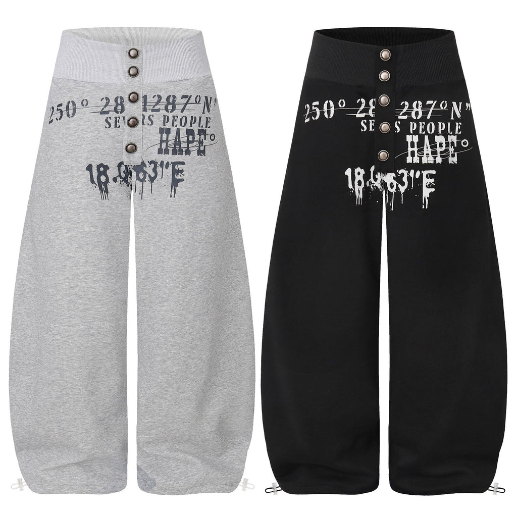 Curved Leg Wide Leg Sweatpants with Distressed Coordinate Print Drawstring