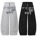 Curved Leg Wide Leg Sweatpants with Distressed Coordinate Print Drawstring