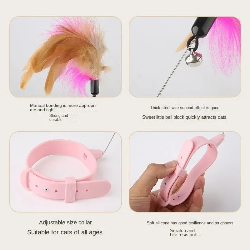 Interactive Cat Toy Self-hi Game for Cats Feather Teaser Stick with Bell Cat Teaser Stick Collar Kitten Playing Pet Accessories