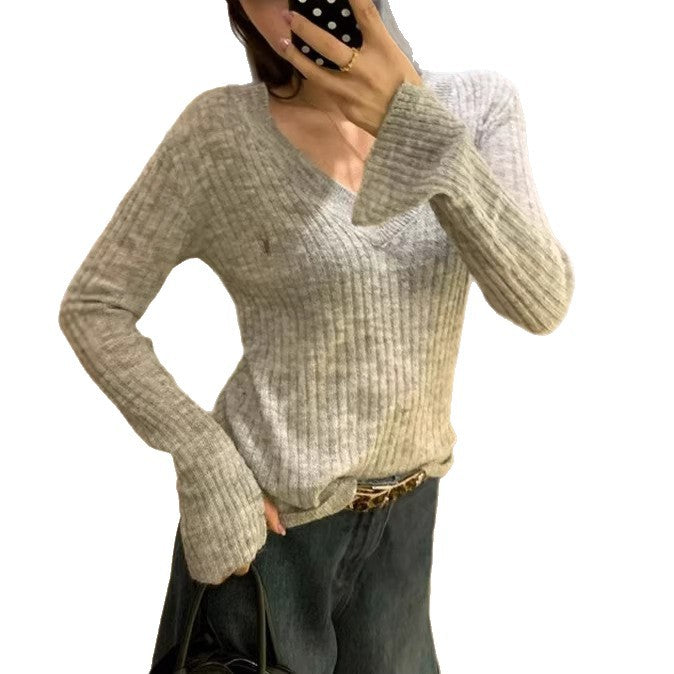 Mohair V-Neck Embroidered Bell Sleeve Soft Knit Sweater