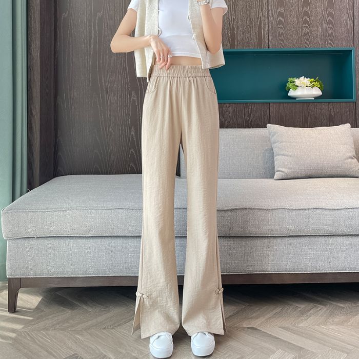 Style Cotton Linen Slit Flared Trousers for Women Thin Casual Ice Silk Temperament National Wind Bell-bottom Pants