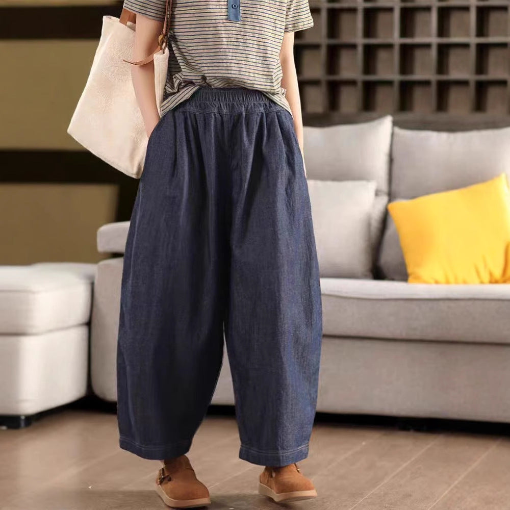 Spring New Color Woven Linen Denim Pants with Inner Hem Elastic Waist Slimming Loose Bell-bottom Casual Trousers