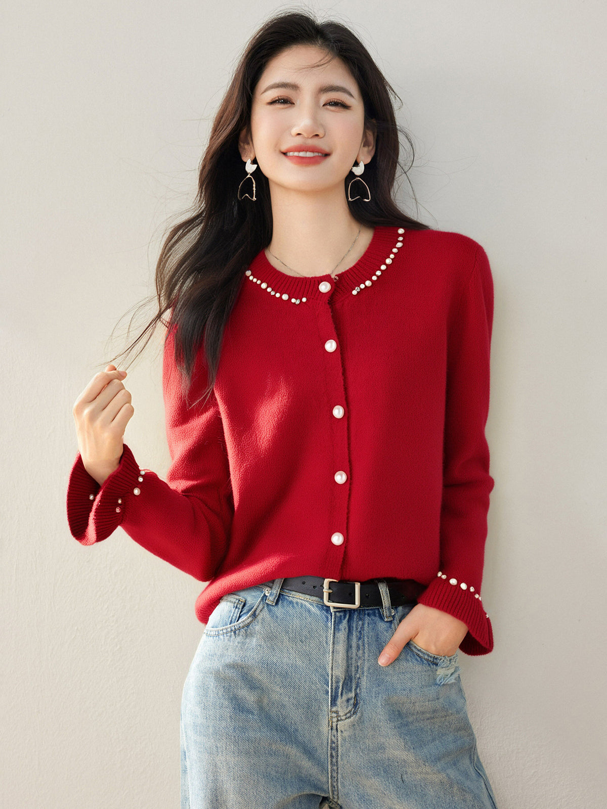 French Style Chic Knit Cardigan for Women with Beaded Bell Sleeves, Elegant Water Fur Texture Sweater